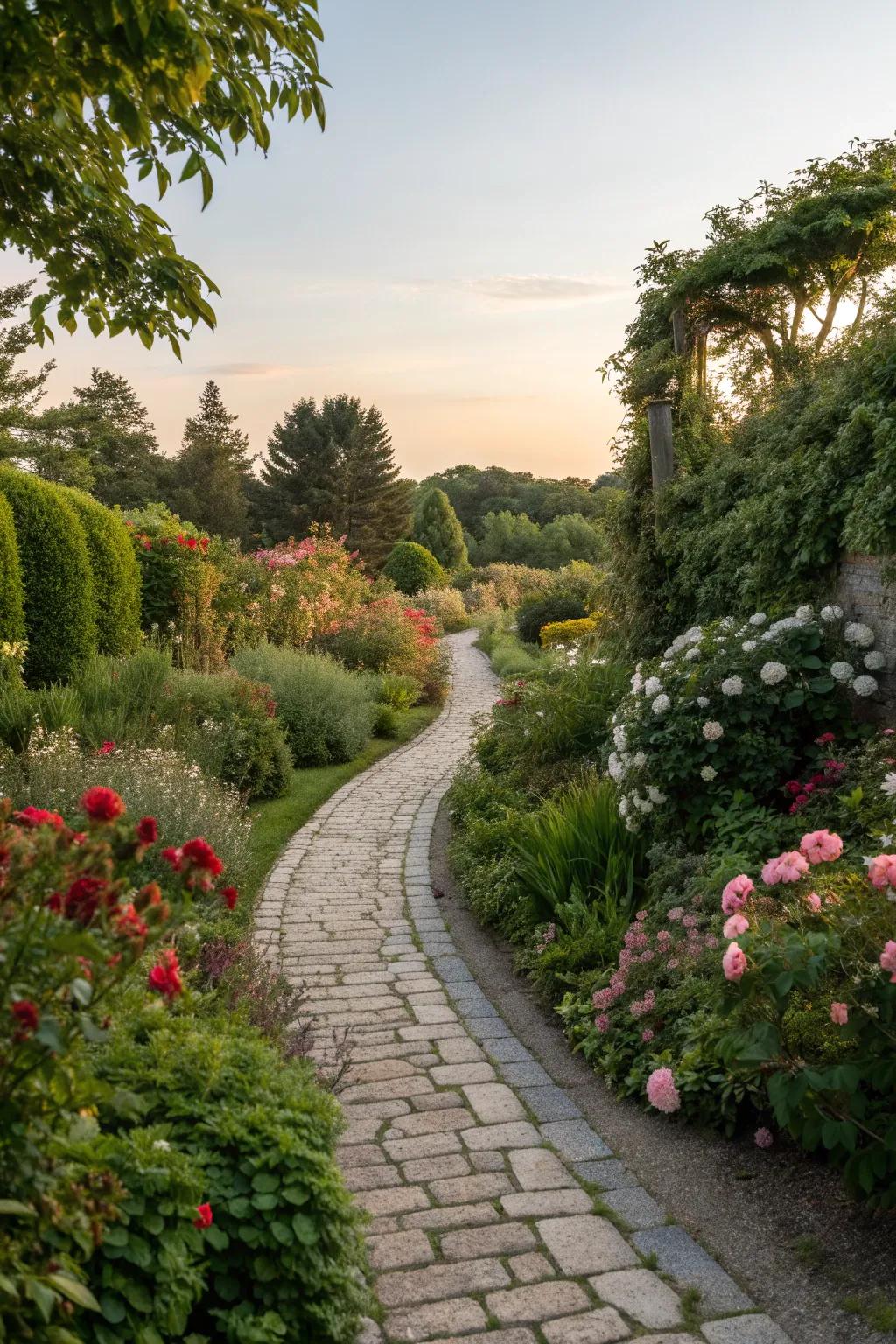 A charming stone pathway winds through a Mediterranean garden.