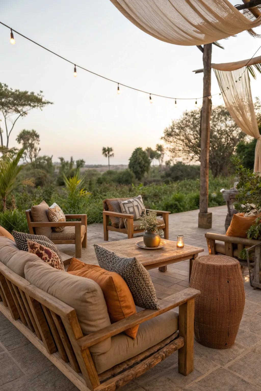 A cozy seating area with earthy tones and rustic charm.