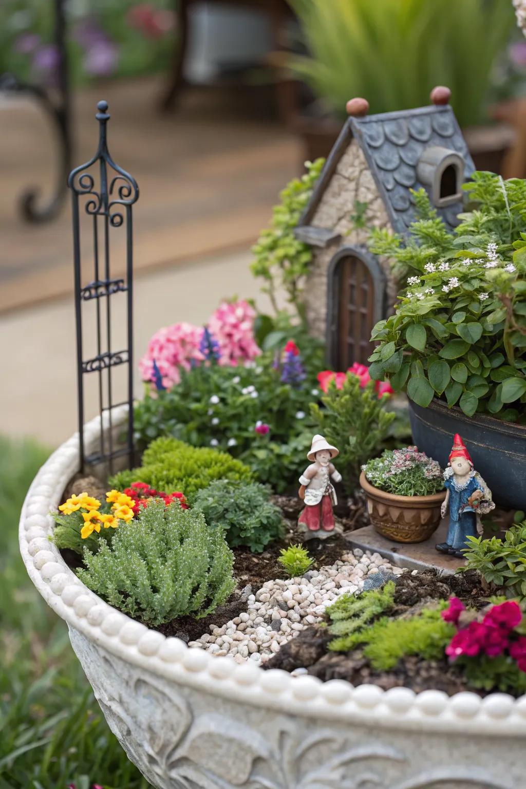 A whimsical miniature garden nestled in a decorative pot.
