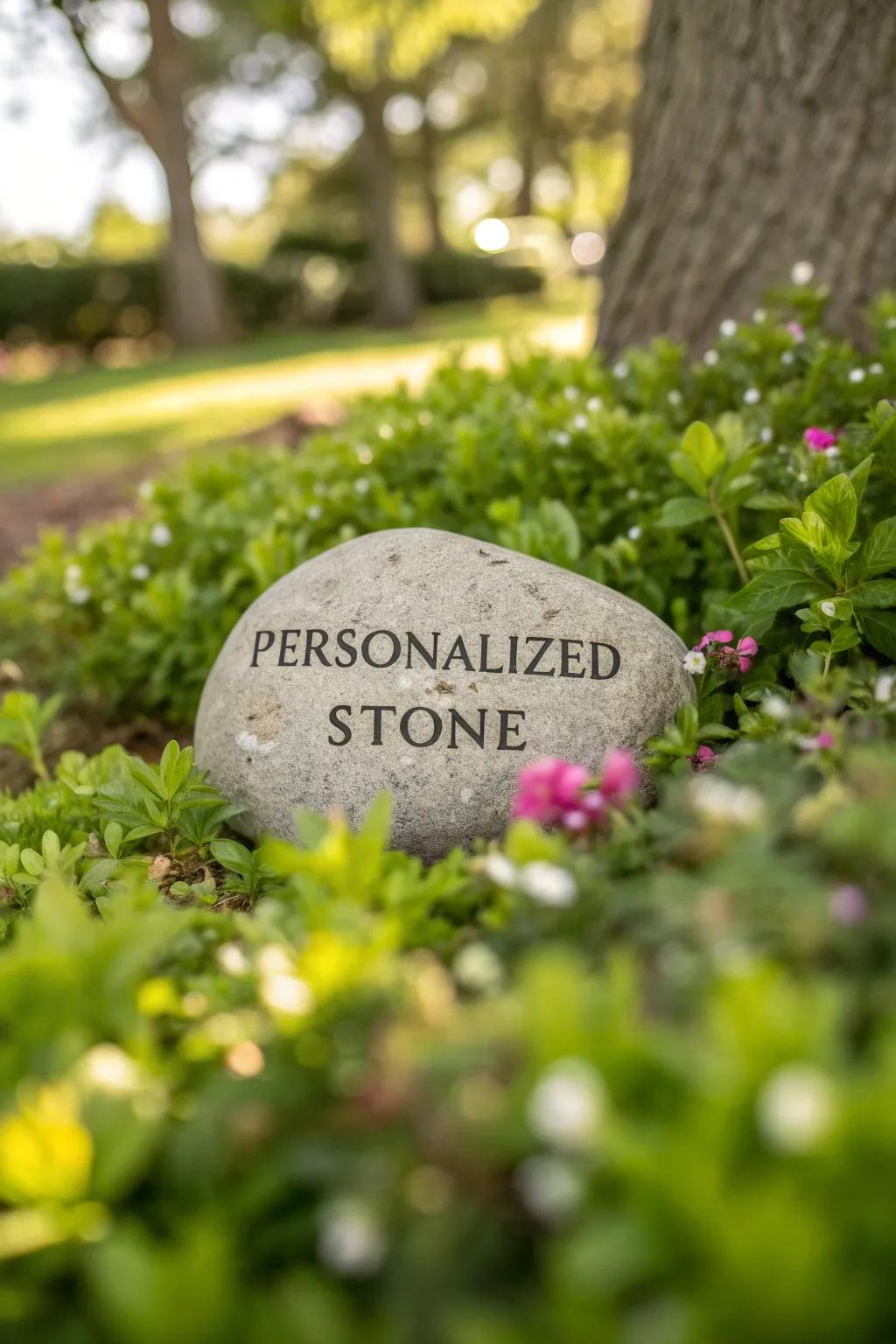 A stone engraved with a loving message nestled in a green garden.