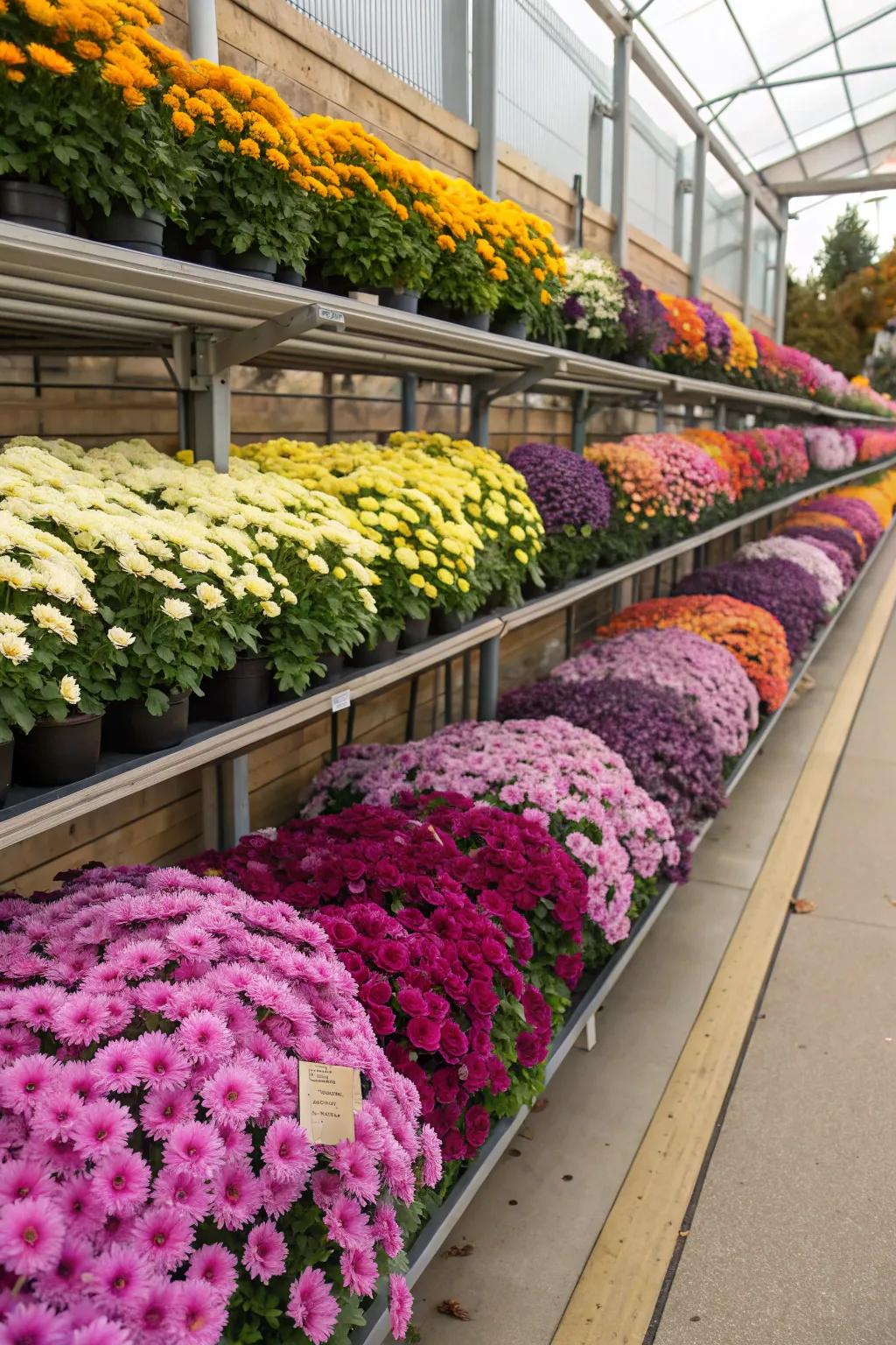 A garden center display featuring a stunning gradient of floral colors.