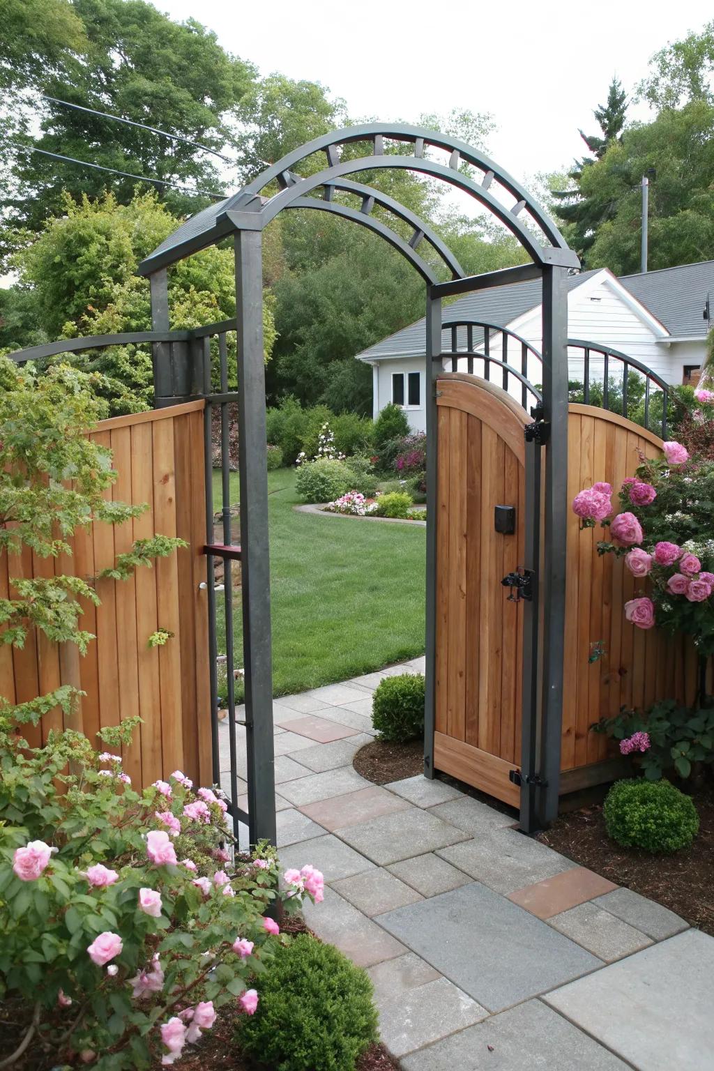 Embrace timeless elegance with a classic curved metal and wood gate.