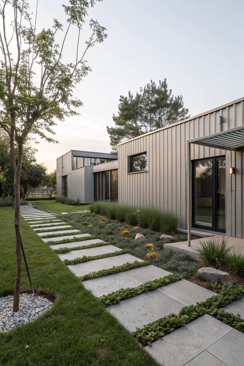 A sleek pathway leading to a modern metal building.