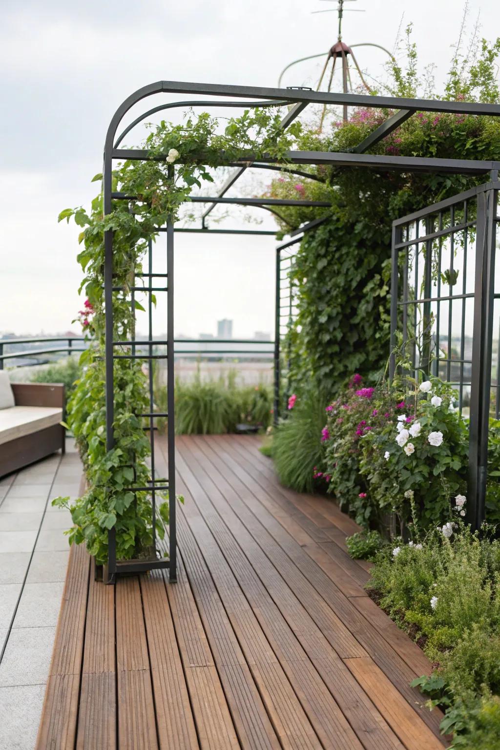 The perfect blend of metal and wood creates a chic and sturdy deck.