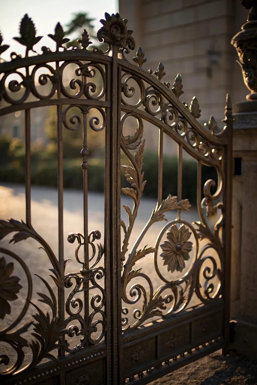 Ornate metal gates create a timeless, elegant entrance.