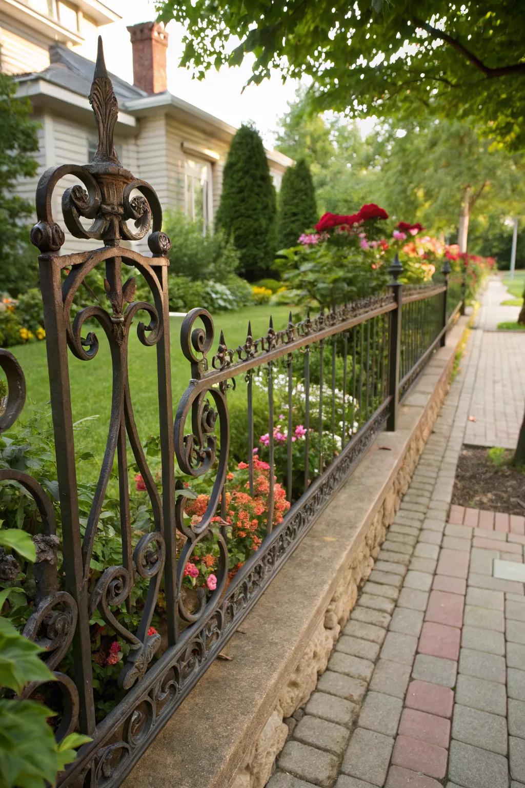 An ornate iron fence adds elegance to any home.