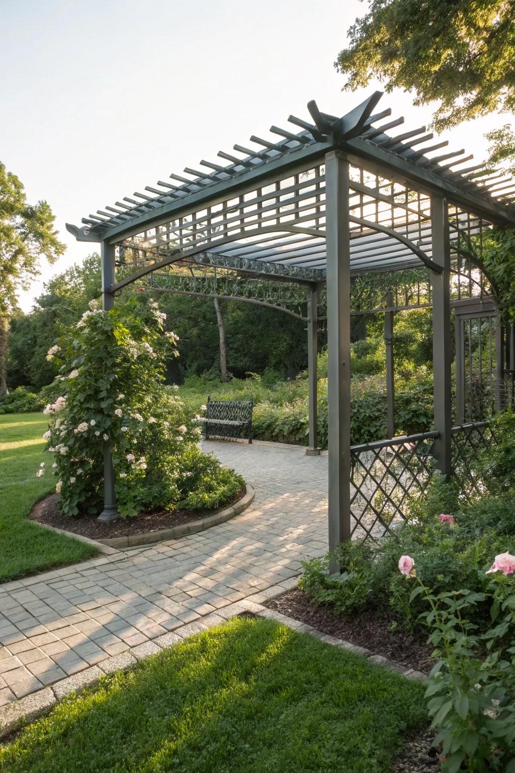 A stylish pergola-style metal gazebo for sun-kissed mornings.