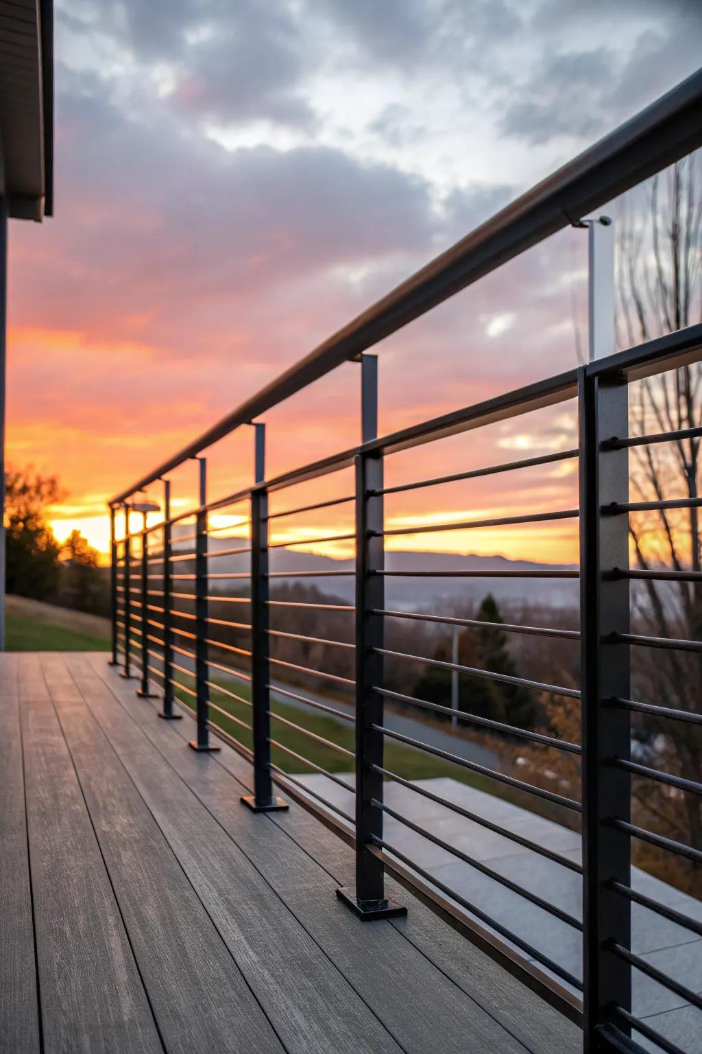Minimalist black metal railings adding a chic touch to a deck.