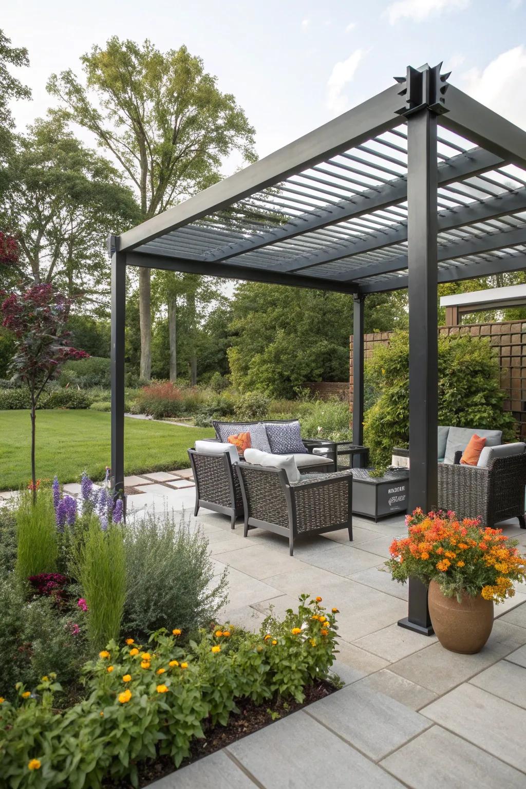 A sleek metal pergola offering a chic and modern patio atmosphere.