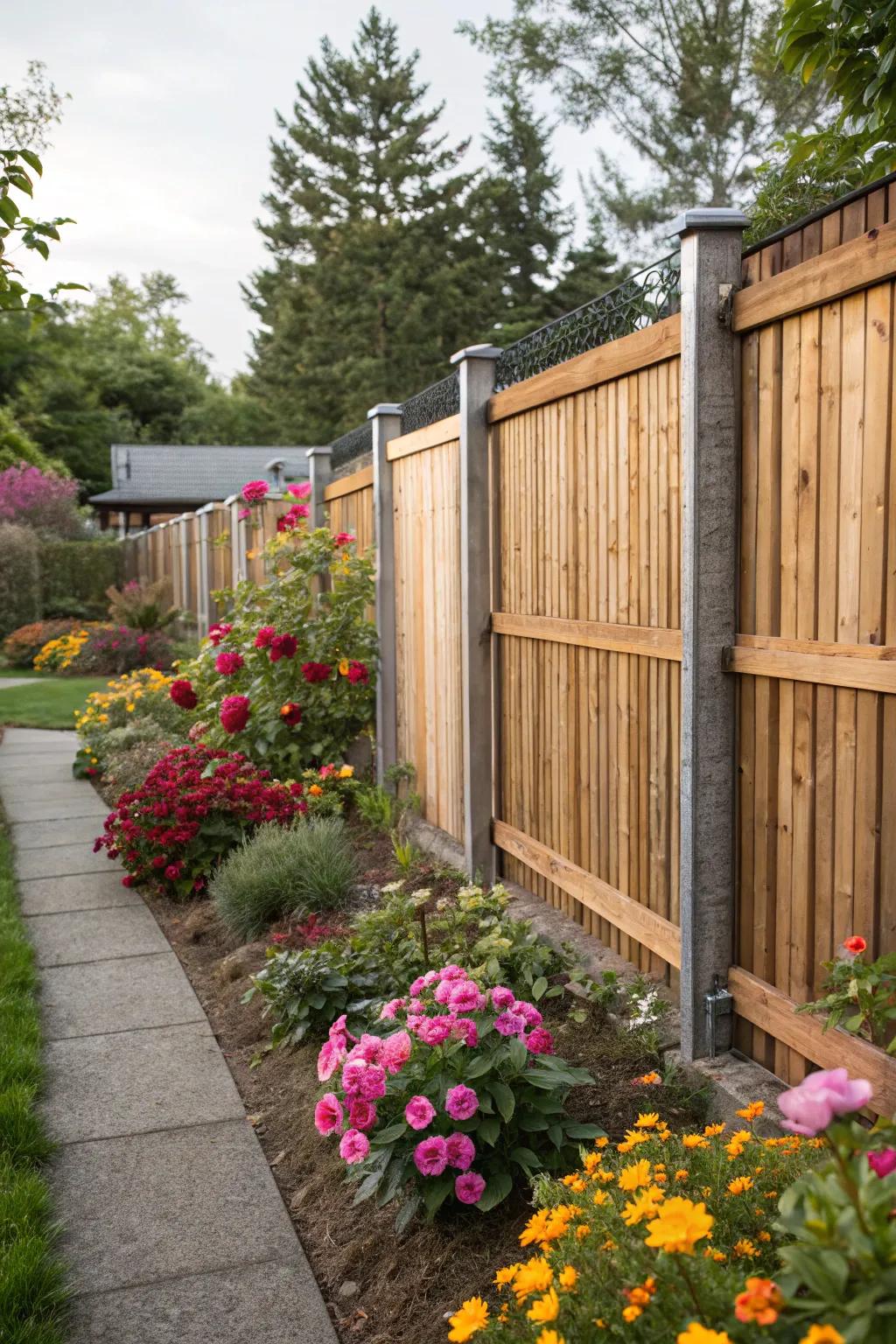 A chic backyard fence with metal posts and horizontal wooden panels.