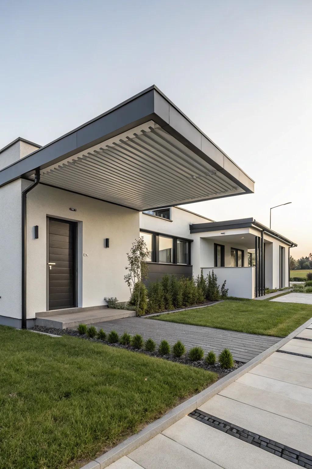 A minimalist metal awning complements the modern architecture.
