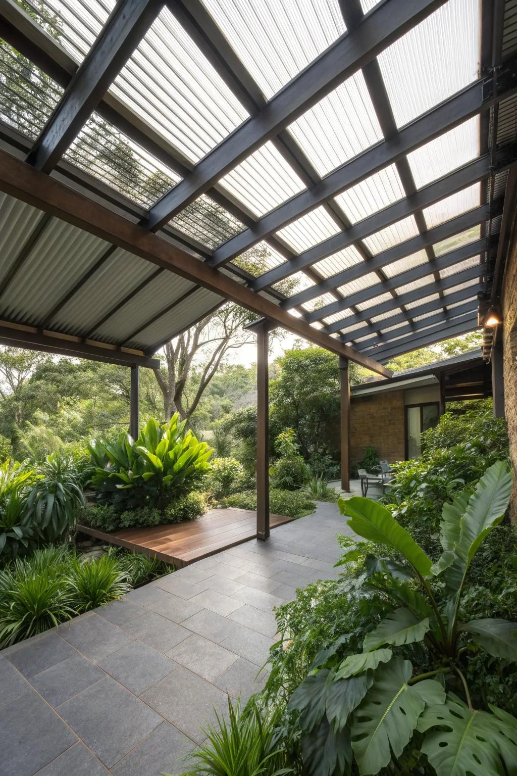 An open metal roof patio design that embraces natural light and air.