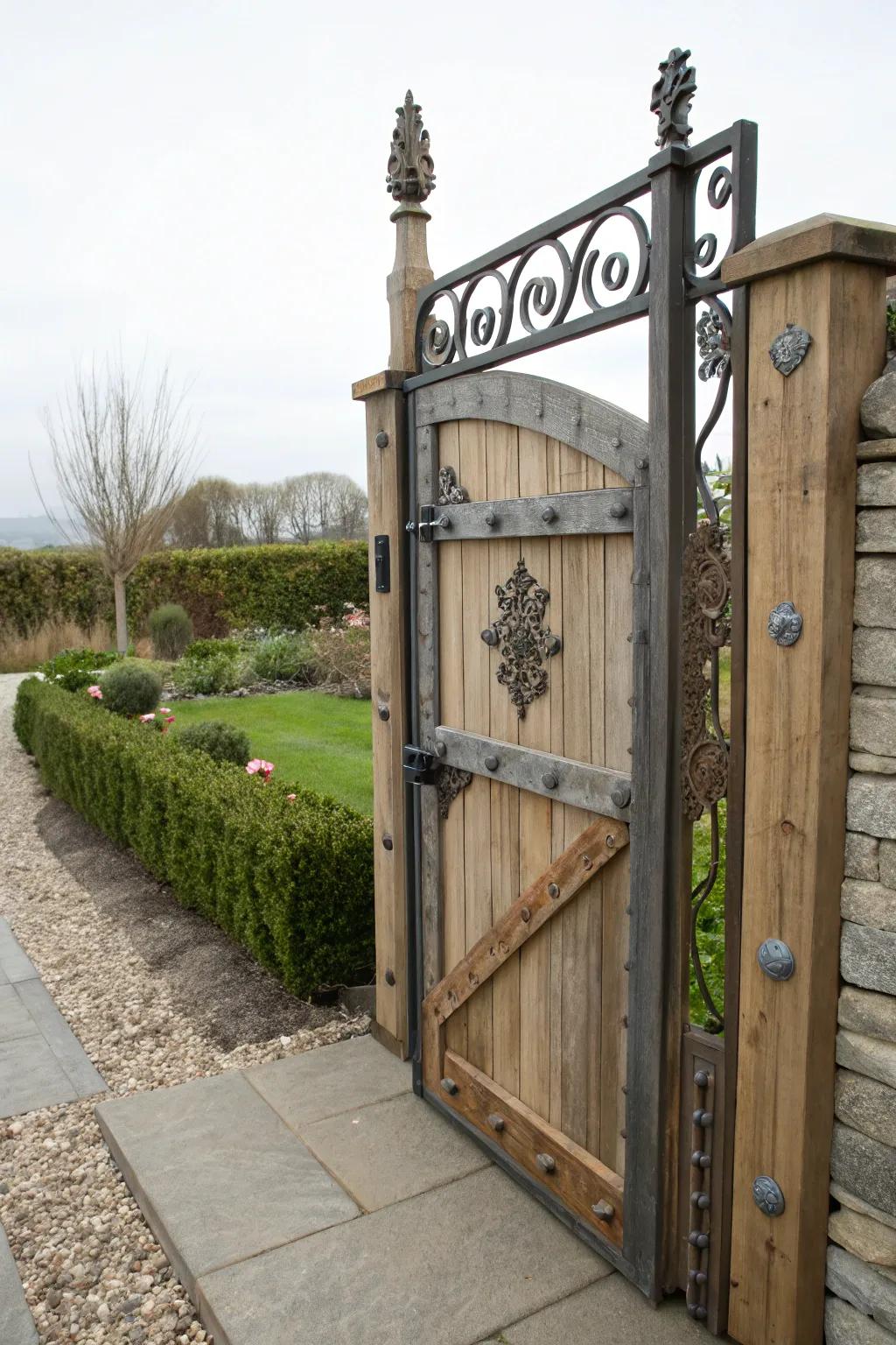 A harmonious blend of metal and wood for a striking side gate
