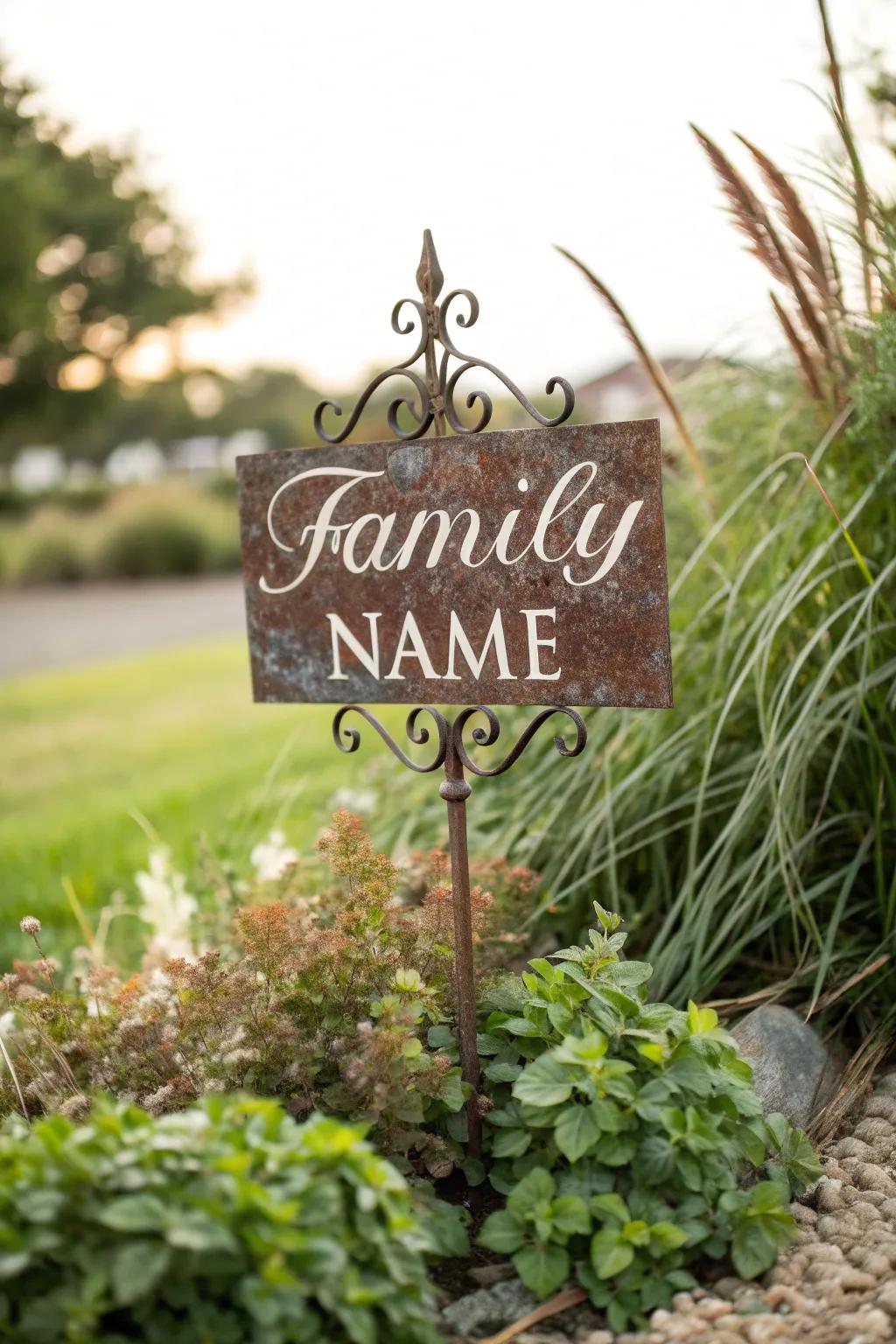 A personalized family name sign adds a unique touch to the garden.