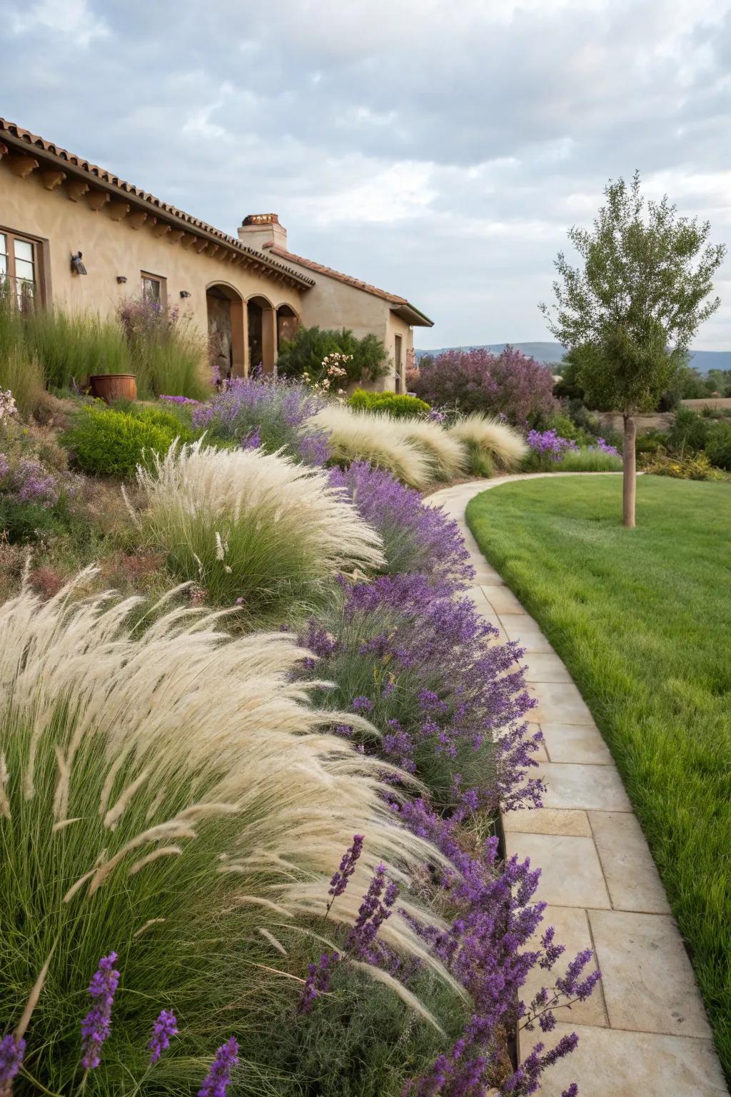 Mexican feather grass and lavender create a calming garden retreat.