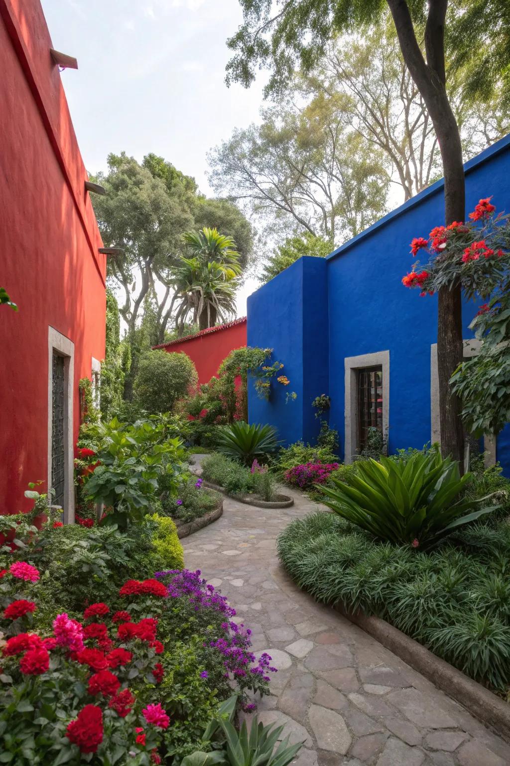 Garden walls painted in bold reds and blues create a lively and inviting atmosphere.
