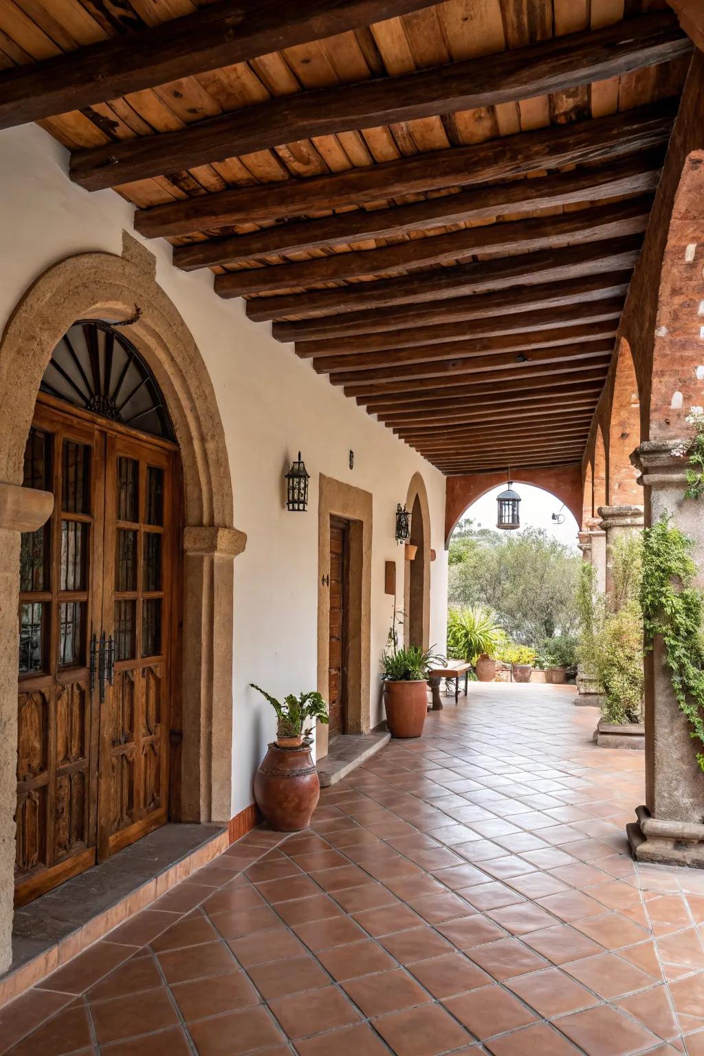 Traditional hacienda architecture with arched doorways and wooden beams.