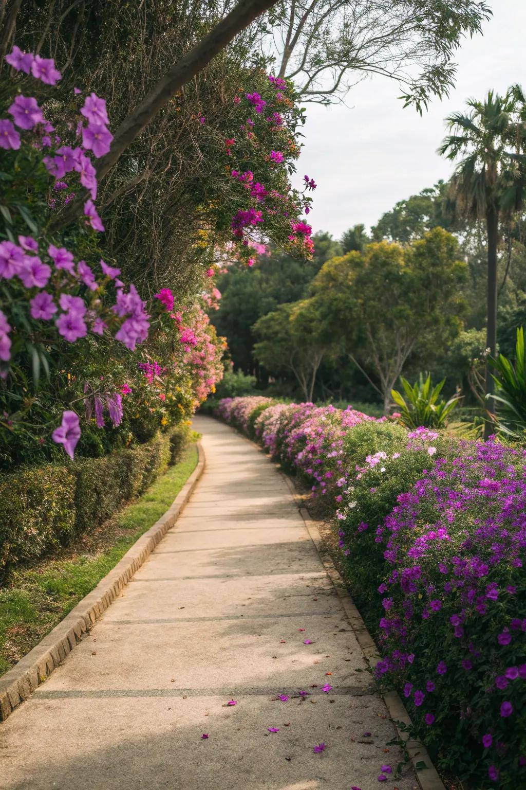 Mexican petunias create a charming border along a garden path.