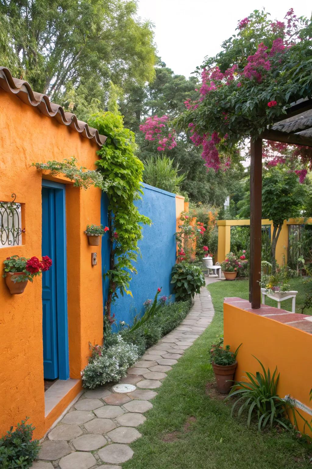 Boldly painted walls add a vibrant touch to this Mexican-style backyard.
