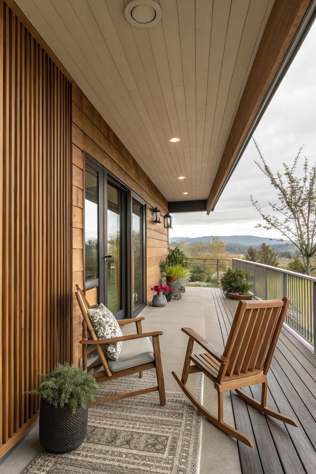 Wood slats add warmth and character to a mid-century modern porch.