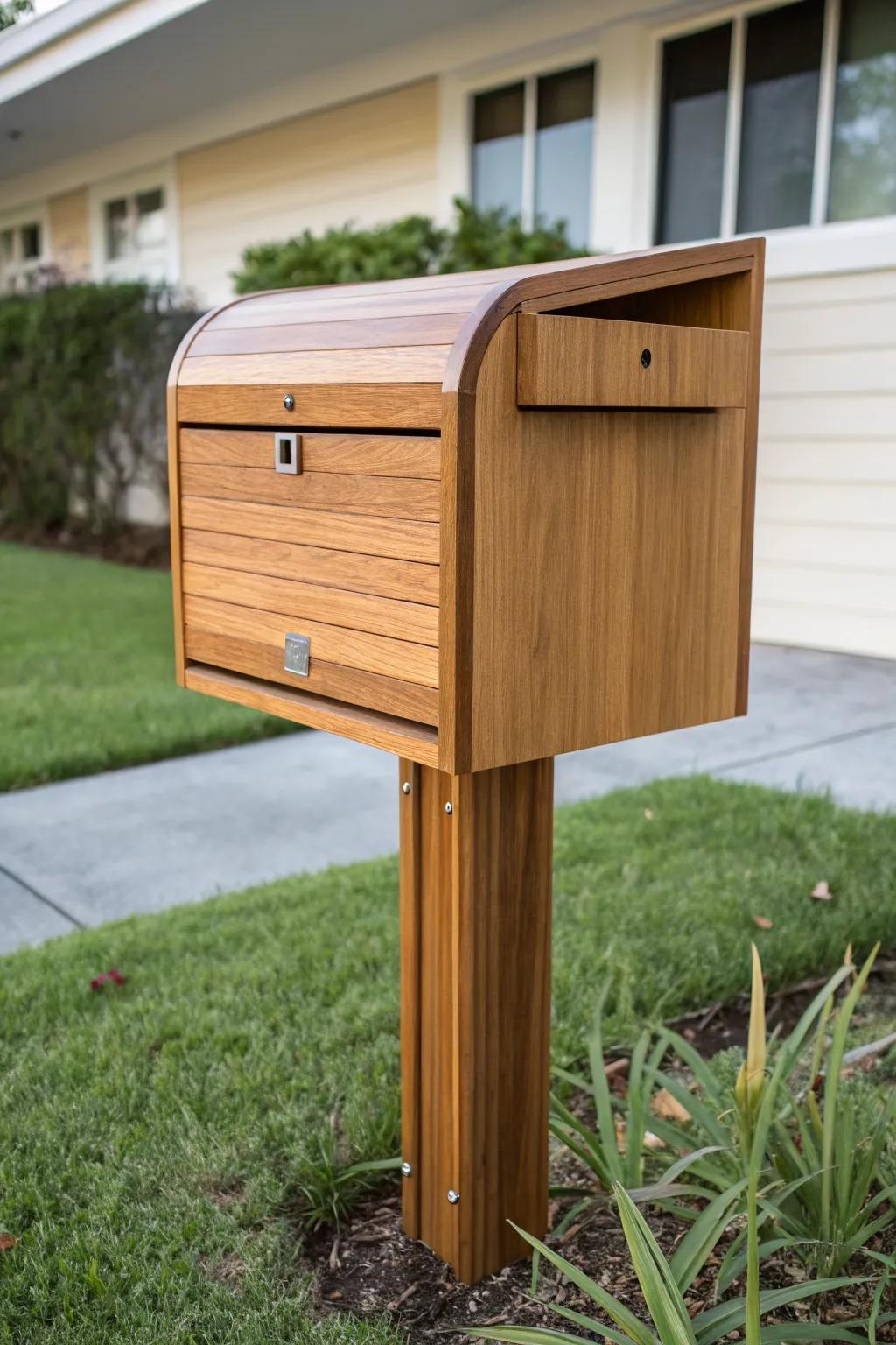 A stunning wooden panel mailbox that adds warmth to any modern home.