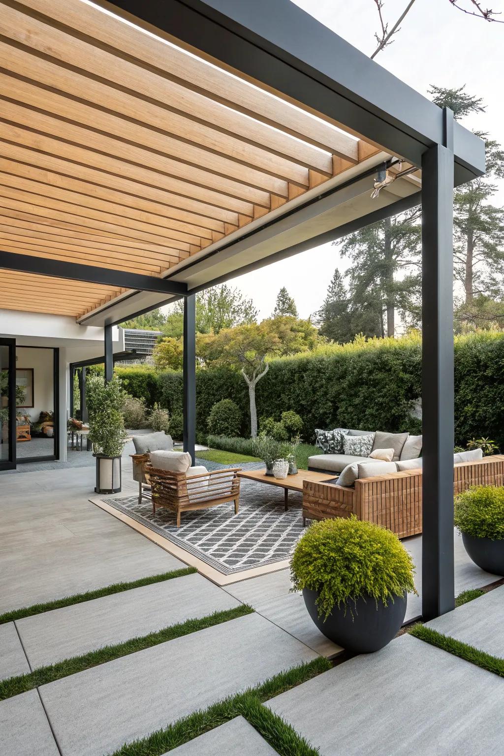 A sleek pergola adding style and shade to a mid-century modern patio.