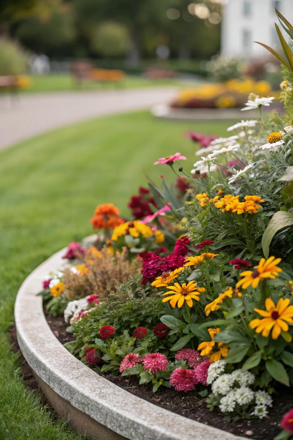 Circular flower beds offer a timeless garden look.