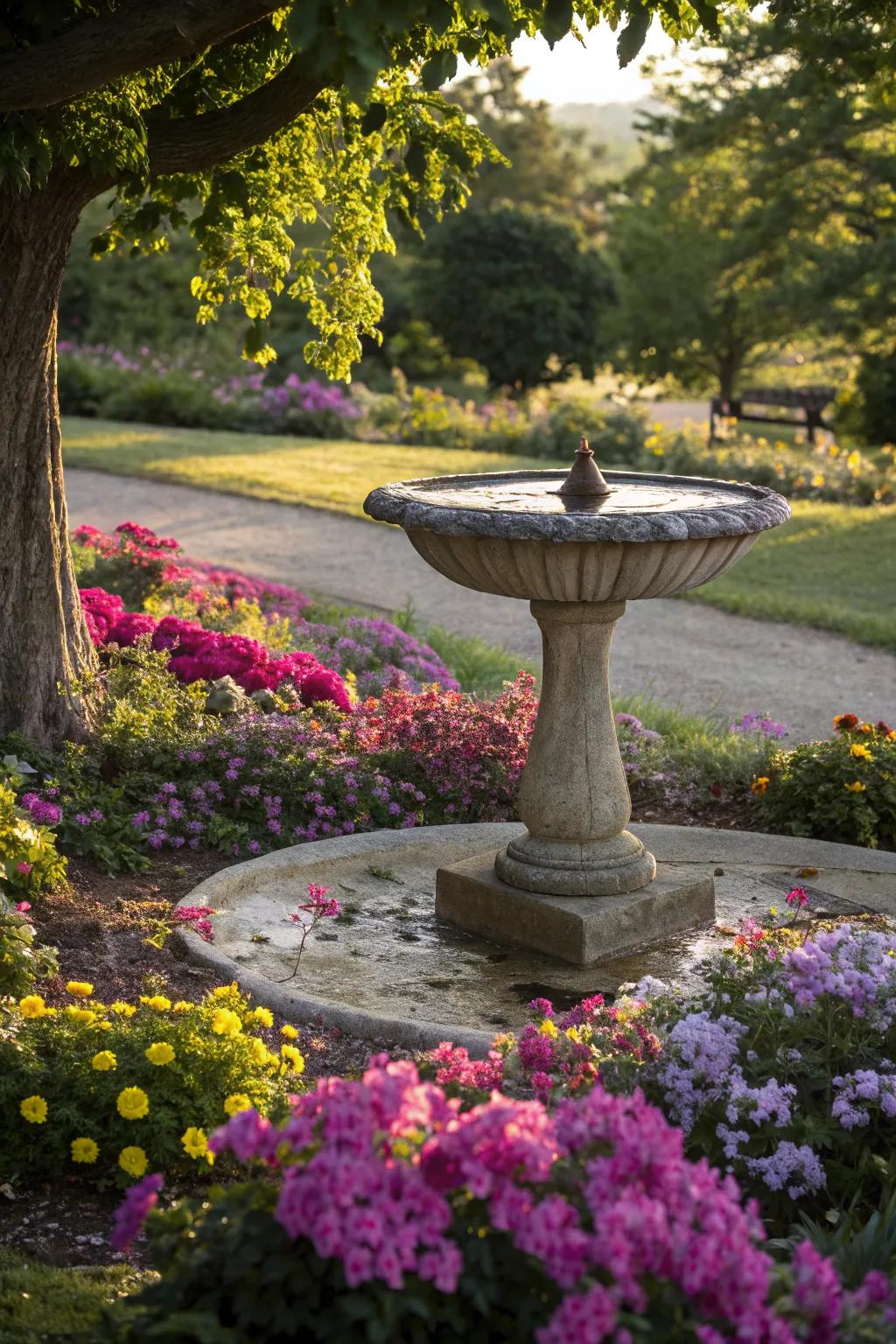 A birdbath serves as a captivating central focal point.