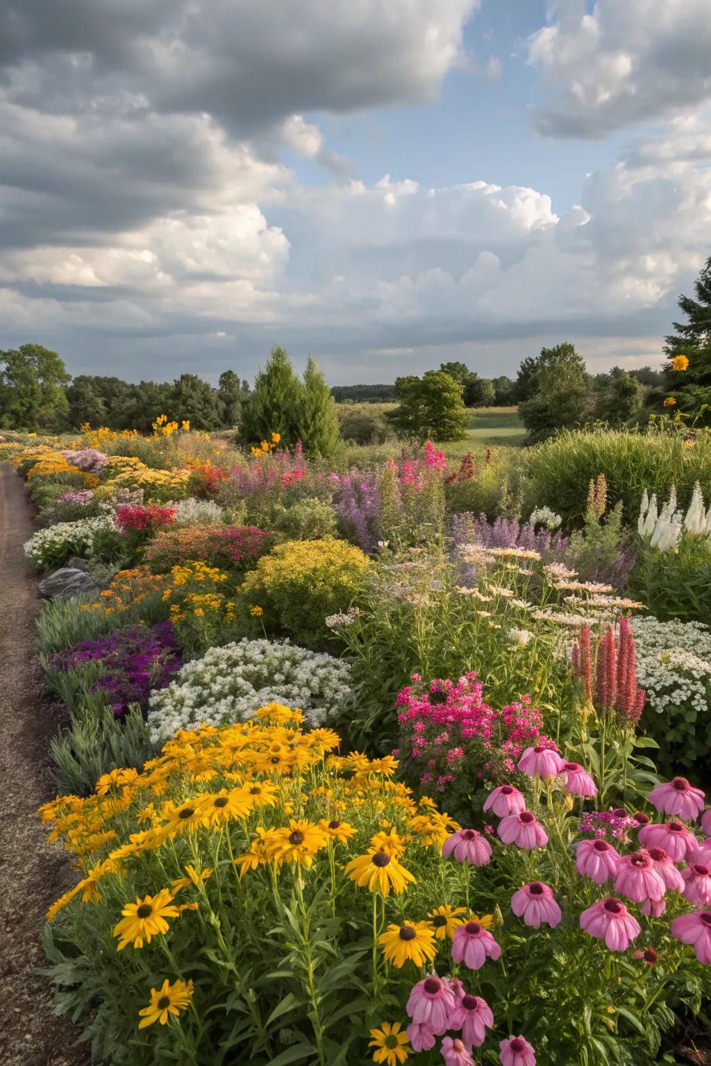 A vibrant flower bed with a mix of perennials and annuals.