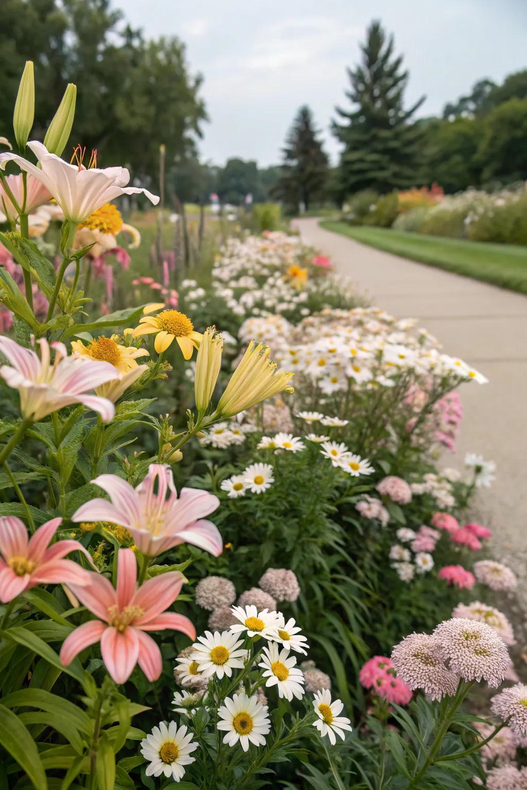 Milkweed, daisies, and lilies create a stunningly colorful garden bed.
