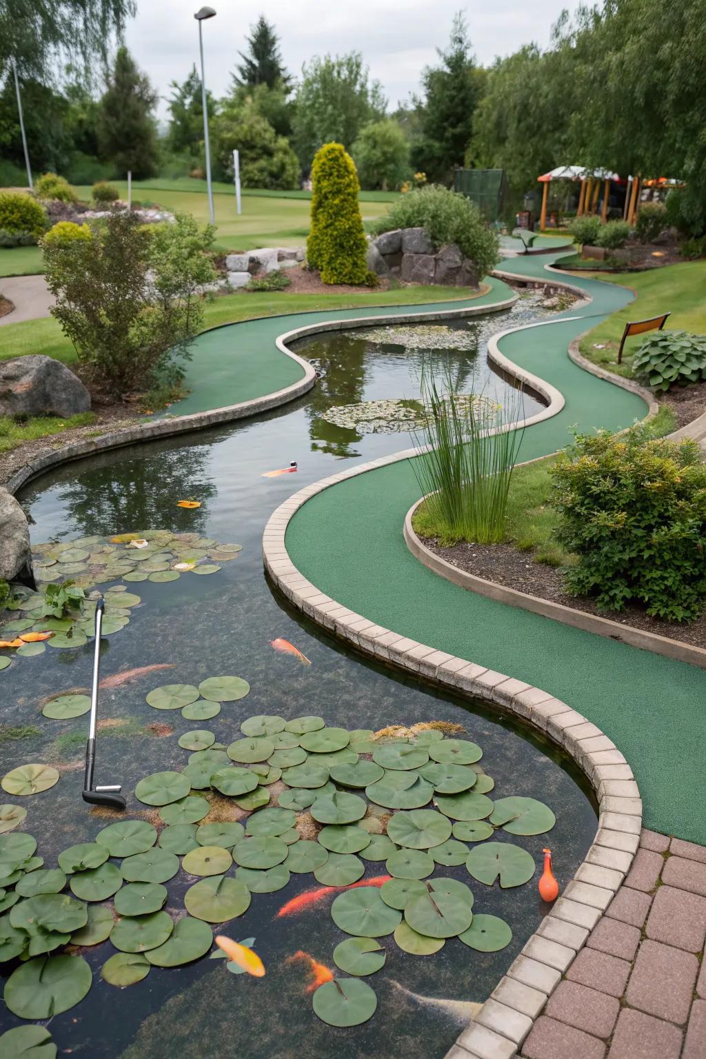 A mini golf course with winding paths that meander around a tranquil pond.