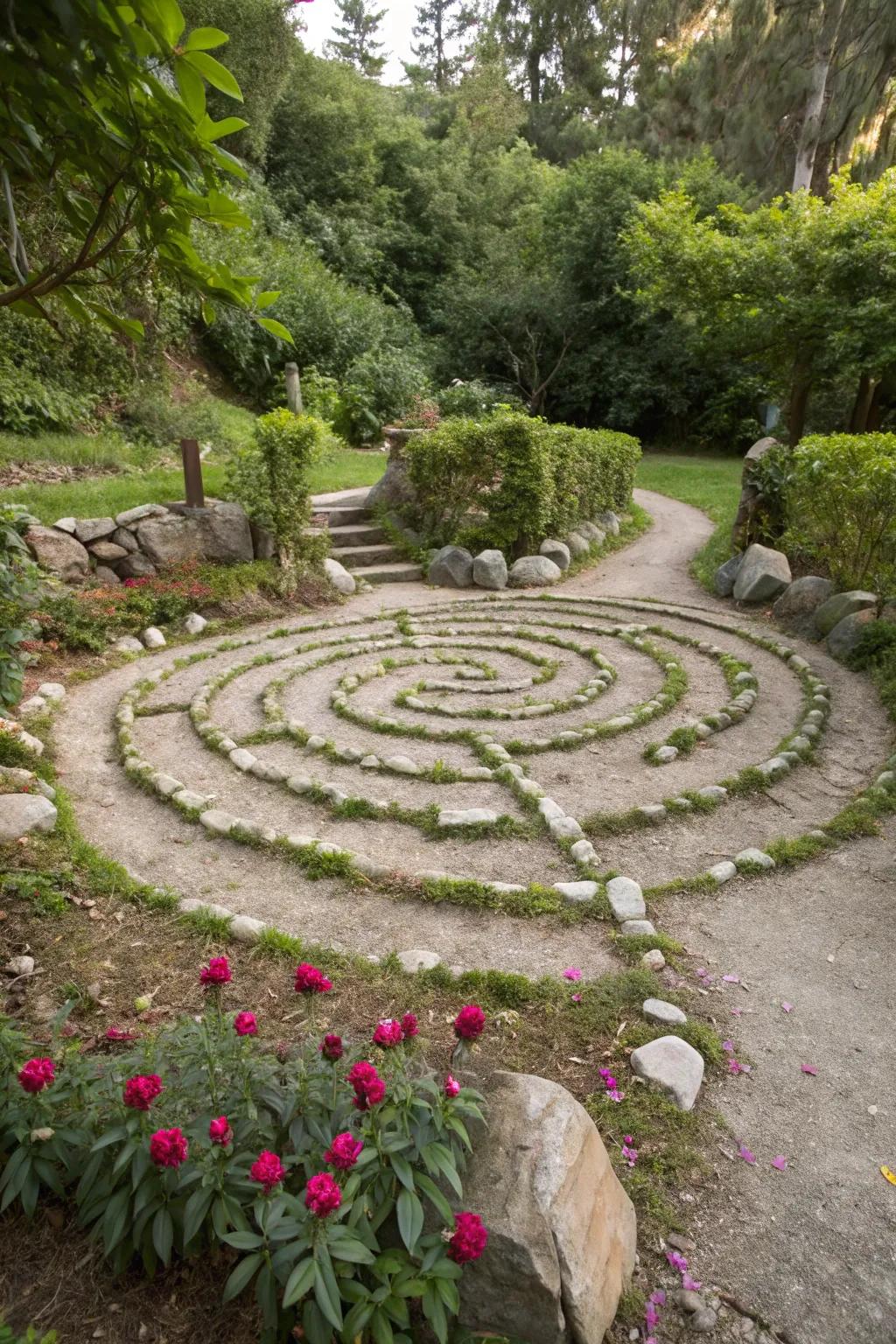 A stone spiral labyrinth adds a touch of elegance to any garden space.