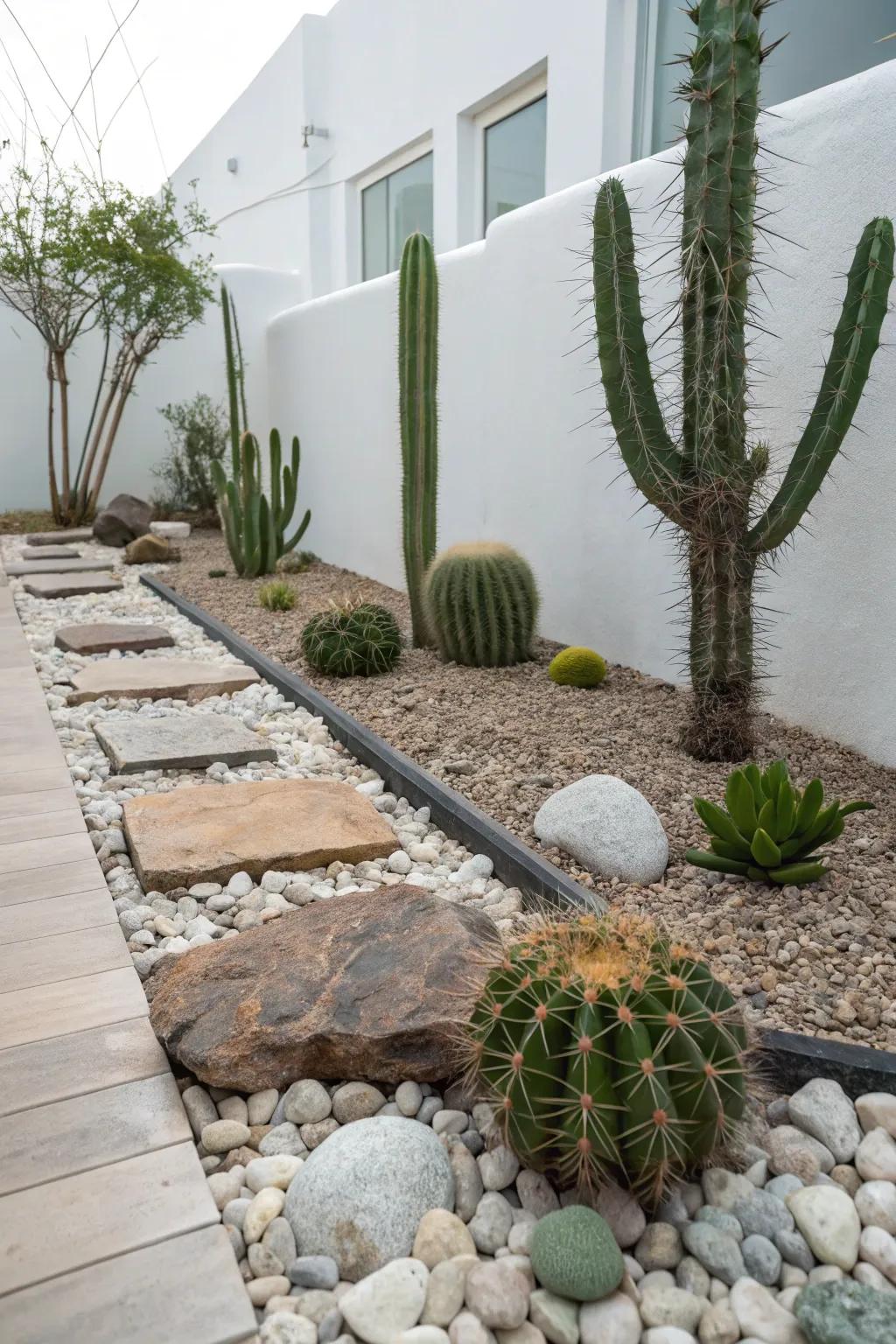 A serene cactus garden with stones creating a zen atmosphere.