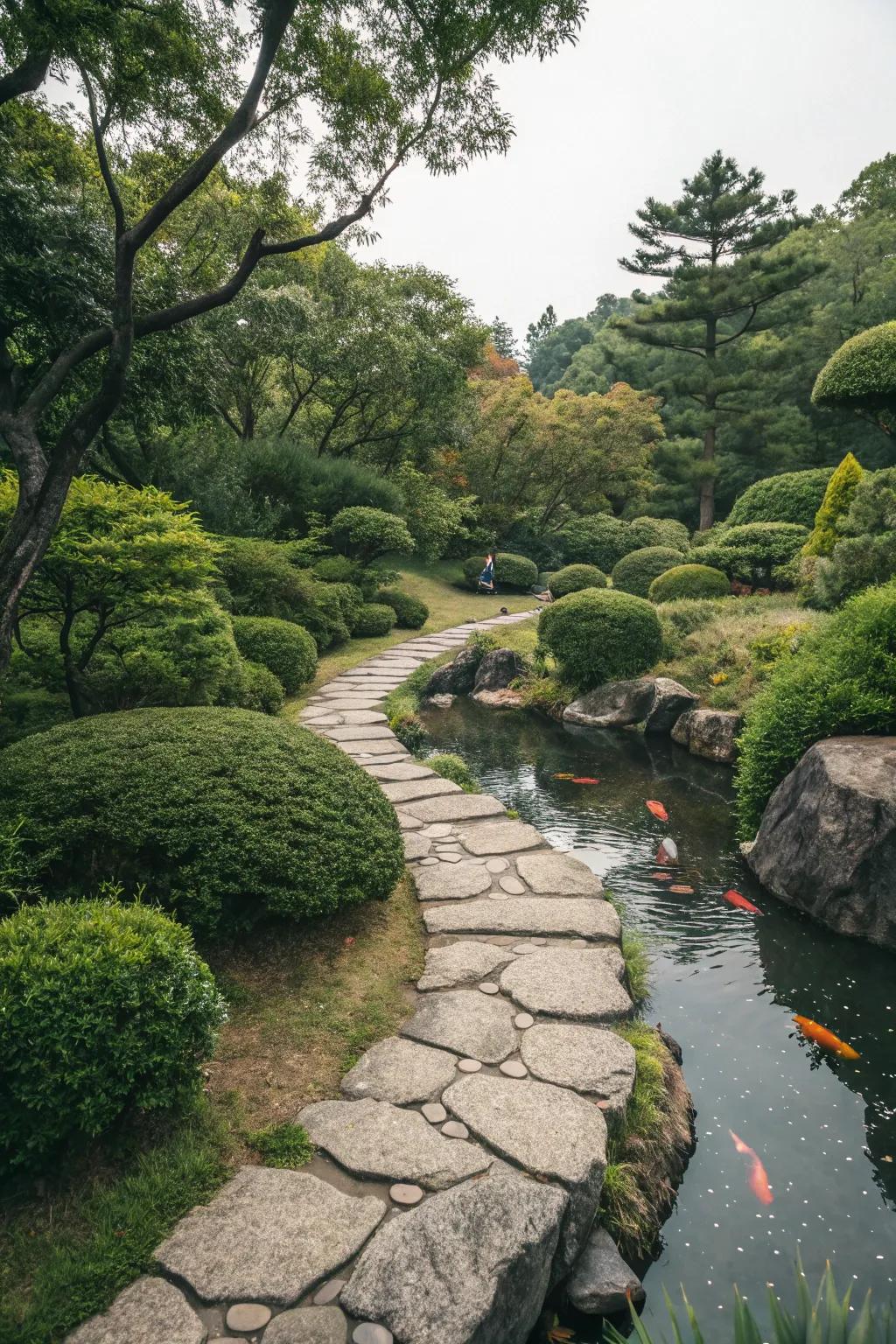 A natural stone pathway adds charm to a minimalist Japanese garden.
