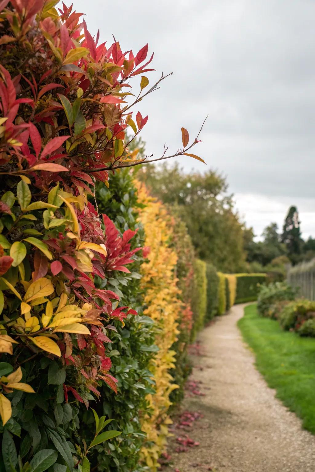 A mixed hedge with colorful foliage in shades of red, yellow, and green.