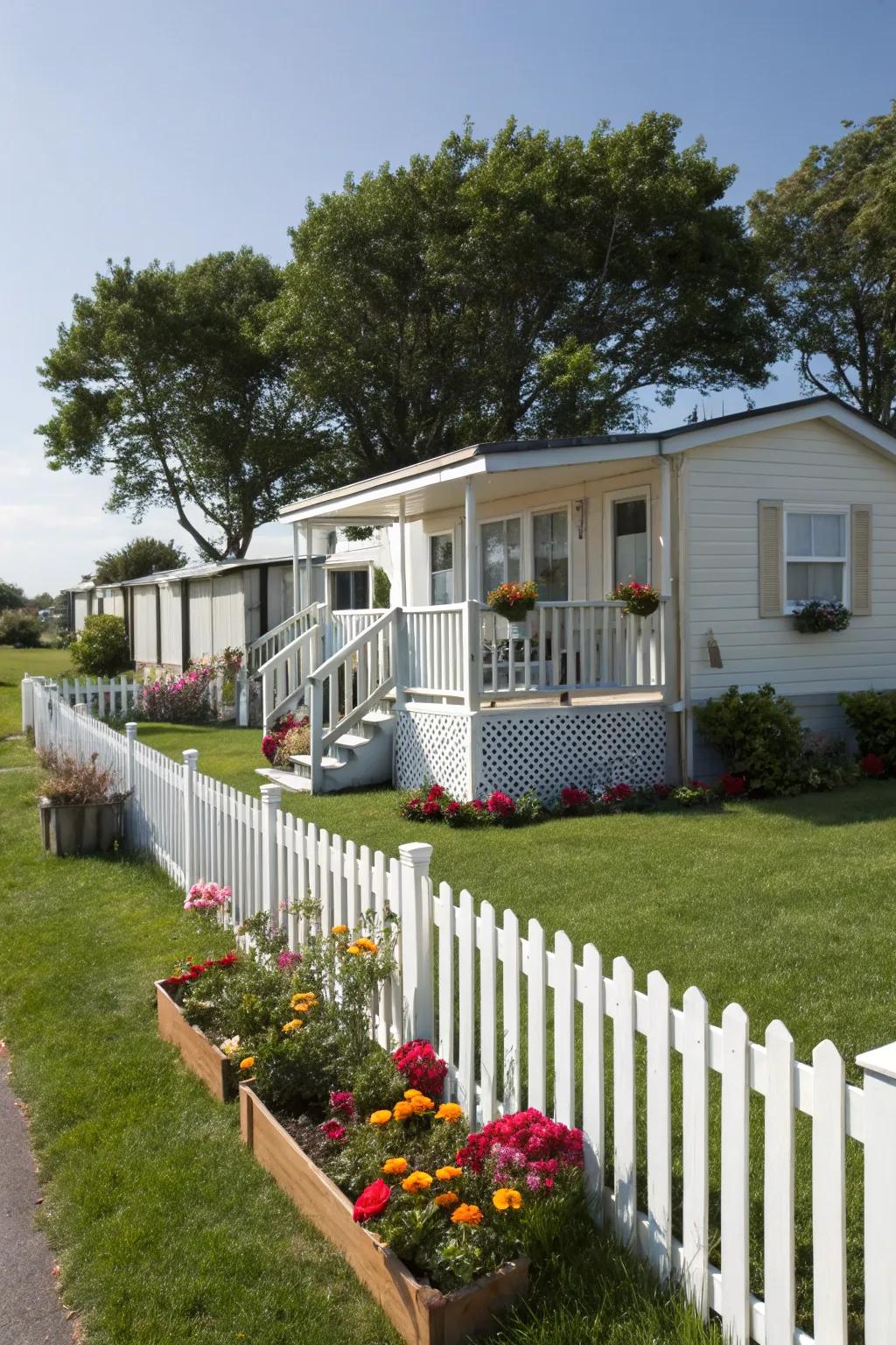 Classic white picket fences add timeless charm to your mobile home.
