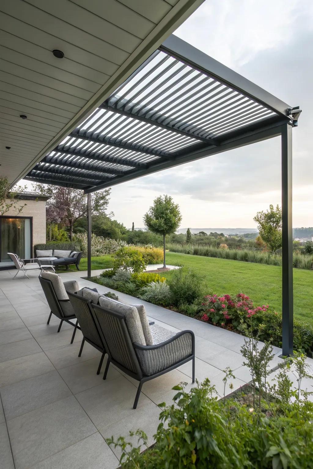 Metal-framed awnings offer durability and a sleek, modern aesthetic.