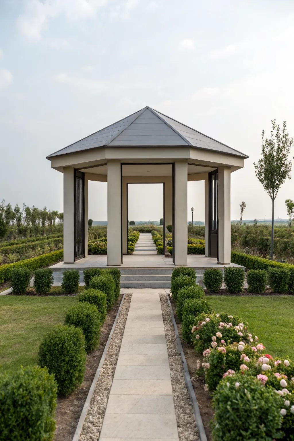 A minimalist gazebo that perfectly complements modern outdoor spaces.