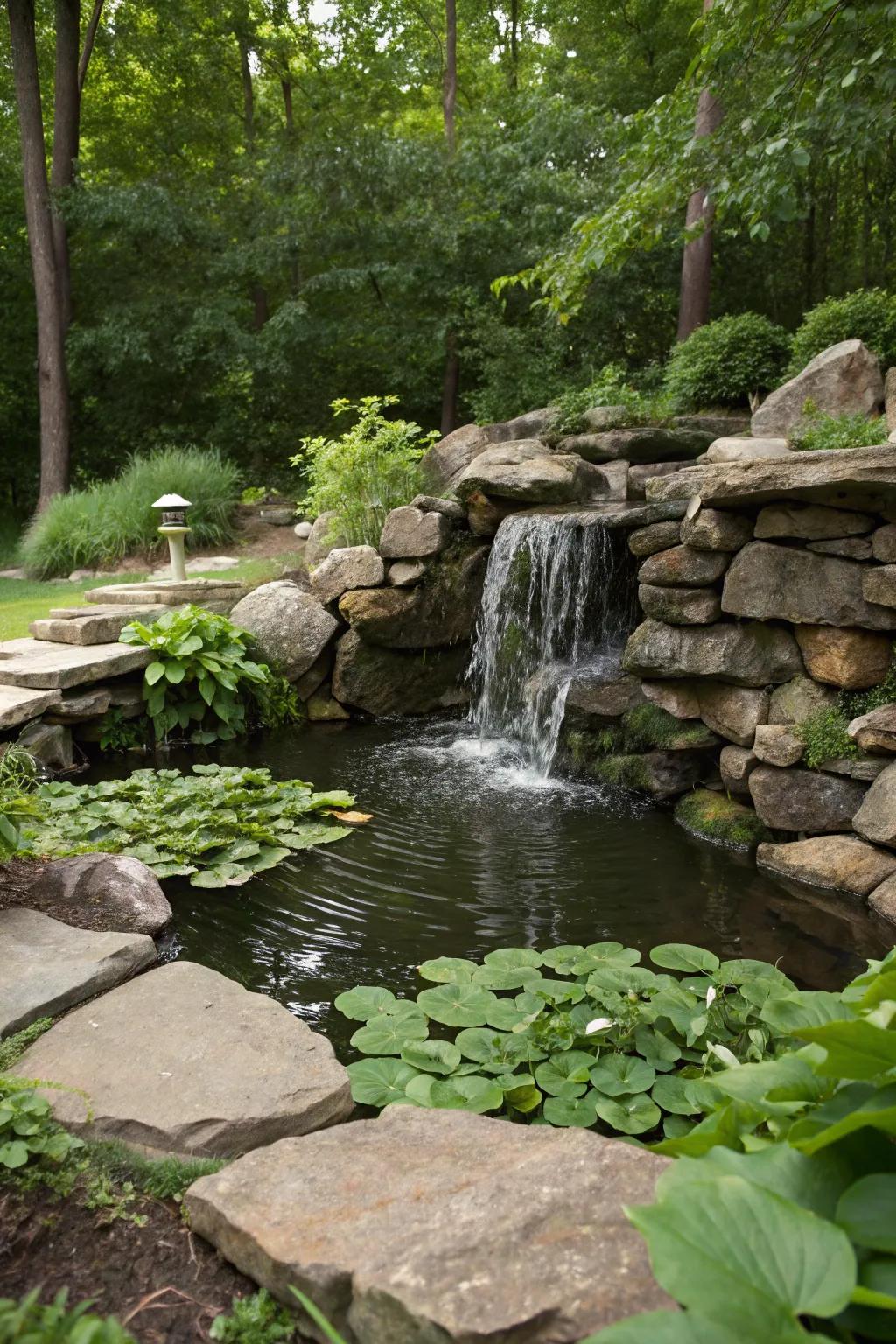 A natural stone waterfall adds rustic charm to any garden.