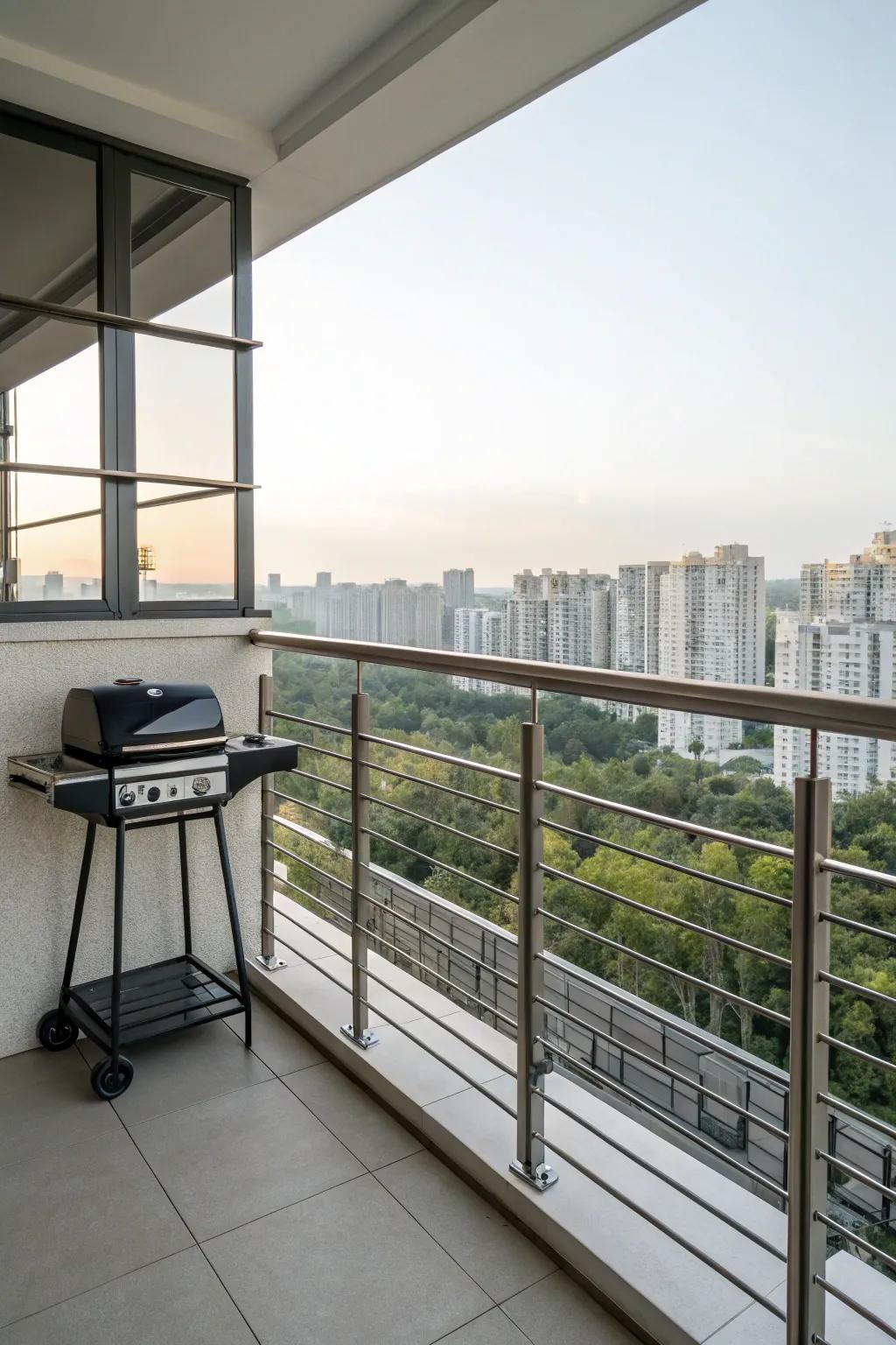Minimalist balcony grill with clean metal lines, providing a sleek look over the cityscape.