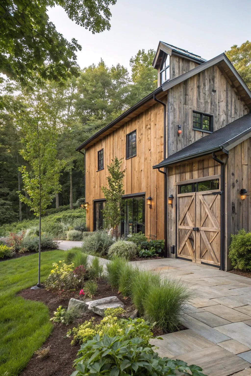 A barn house exterior featuring a blend of rustic wood and modern metal elements.