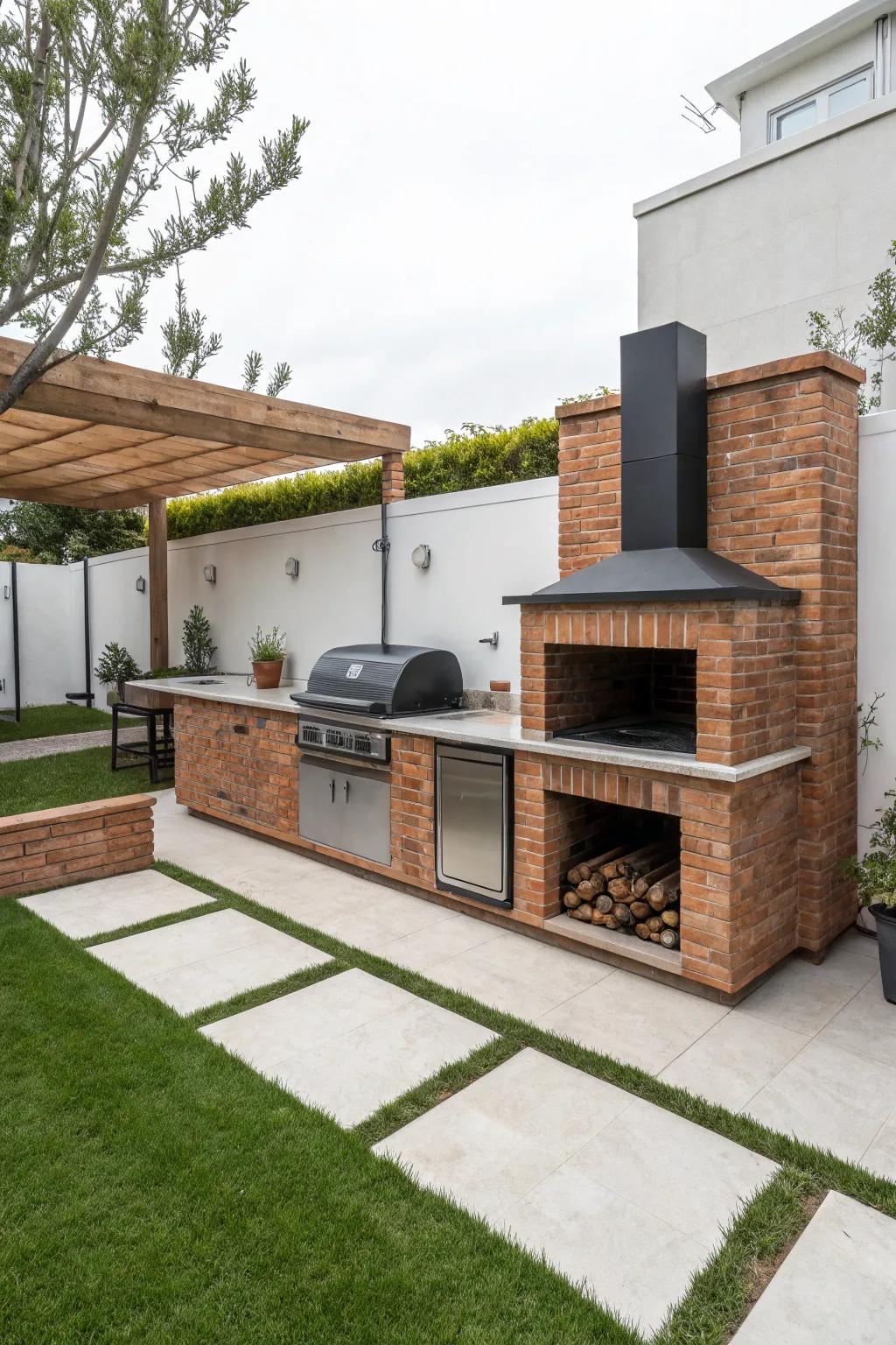 A modern BBQ design featuring integrated countertops and ample storage.