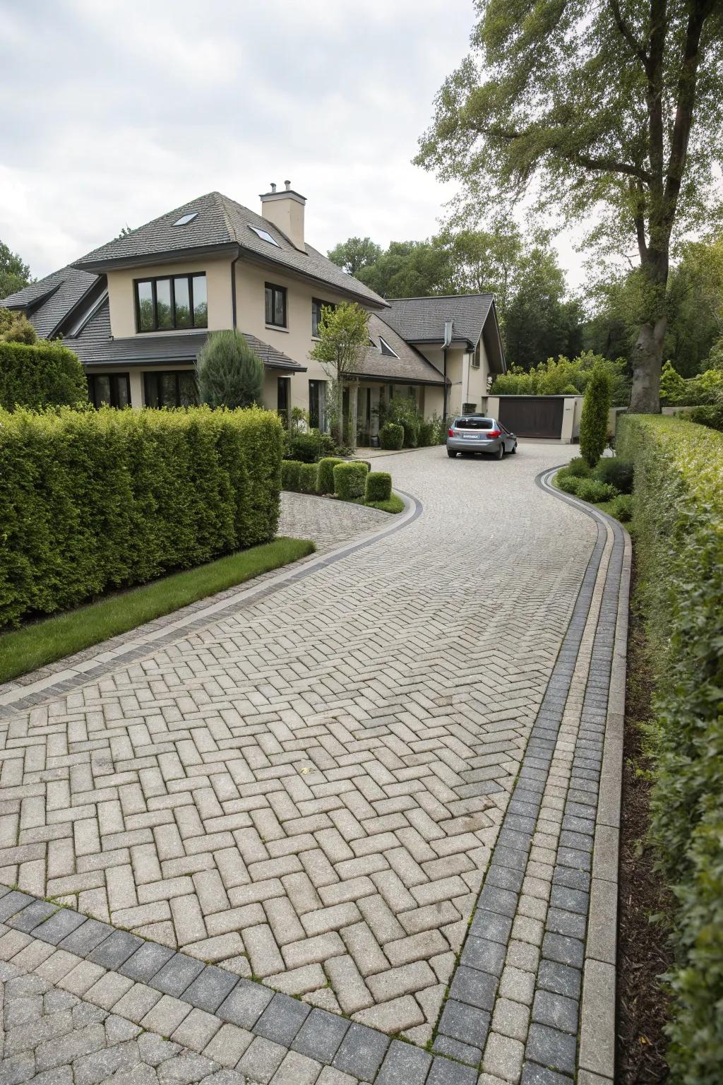 A classic herringbone cobblestone pattern adds timeless charm to this modern home.