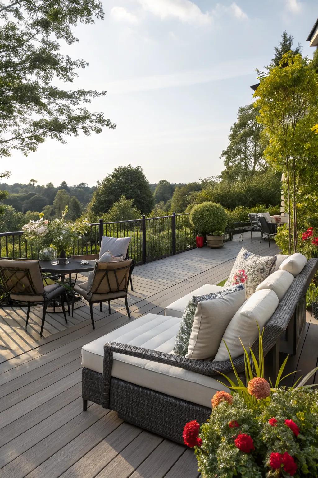 A cozy seating area on composite decking invites you to relax and unwind.