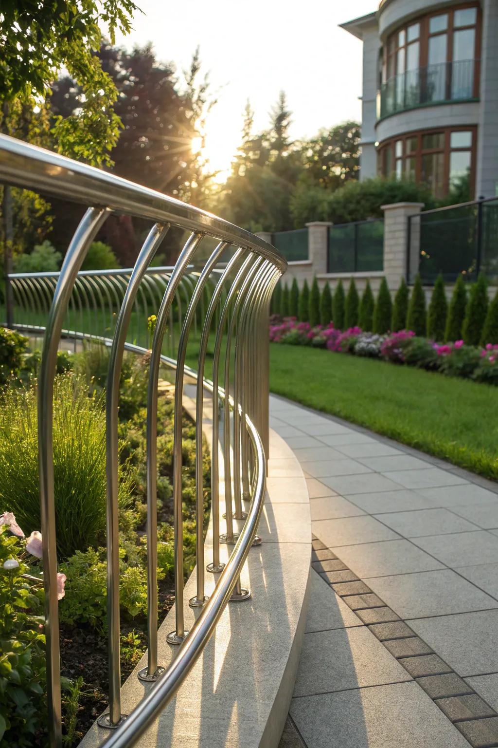 A sleek metal fence with gentle curves, adding a modern touch to a contemporary garden.