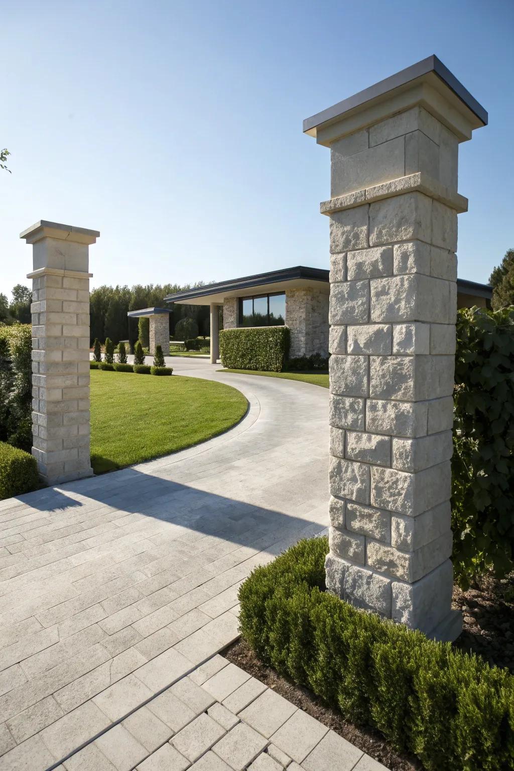Sleek stone pillars create a timeless entrance.