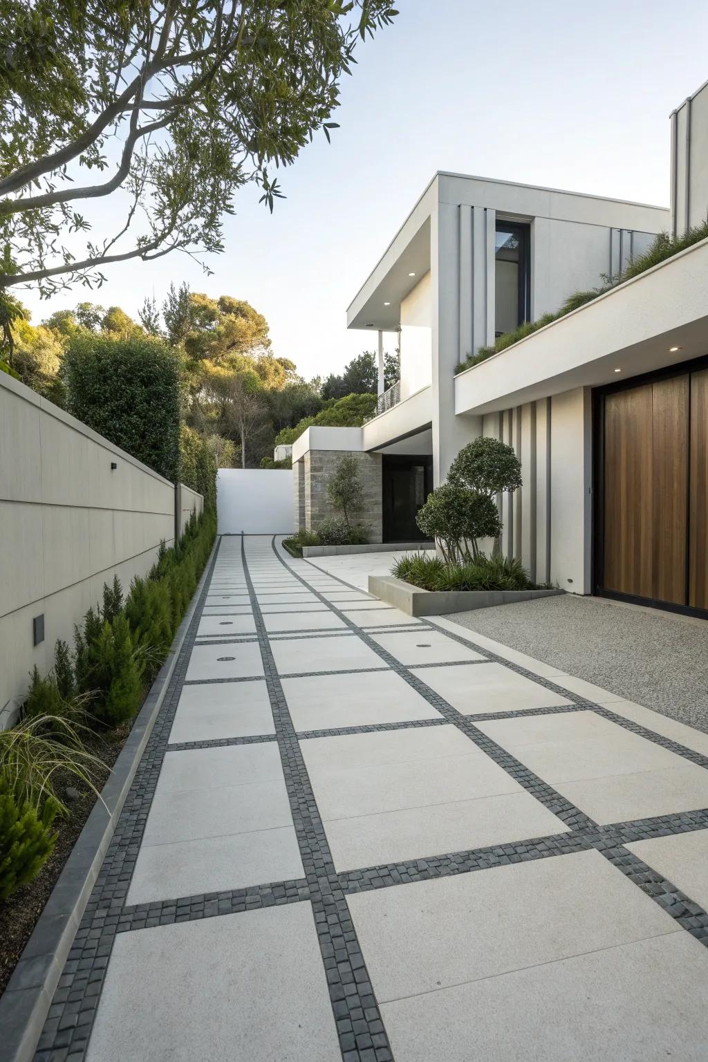 A driveway with clean lines and geometric patterns, perfect for modern homes.
