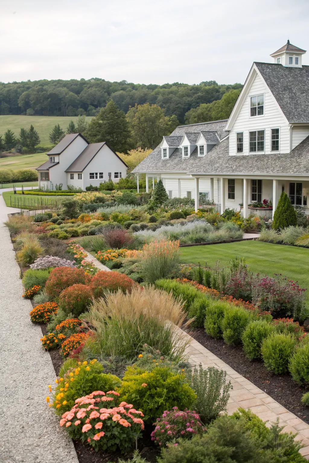 Symmetrical garden beds create a neat and inviting front yard.