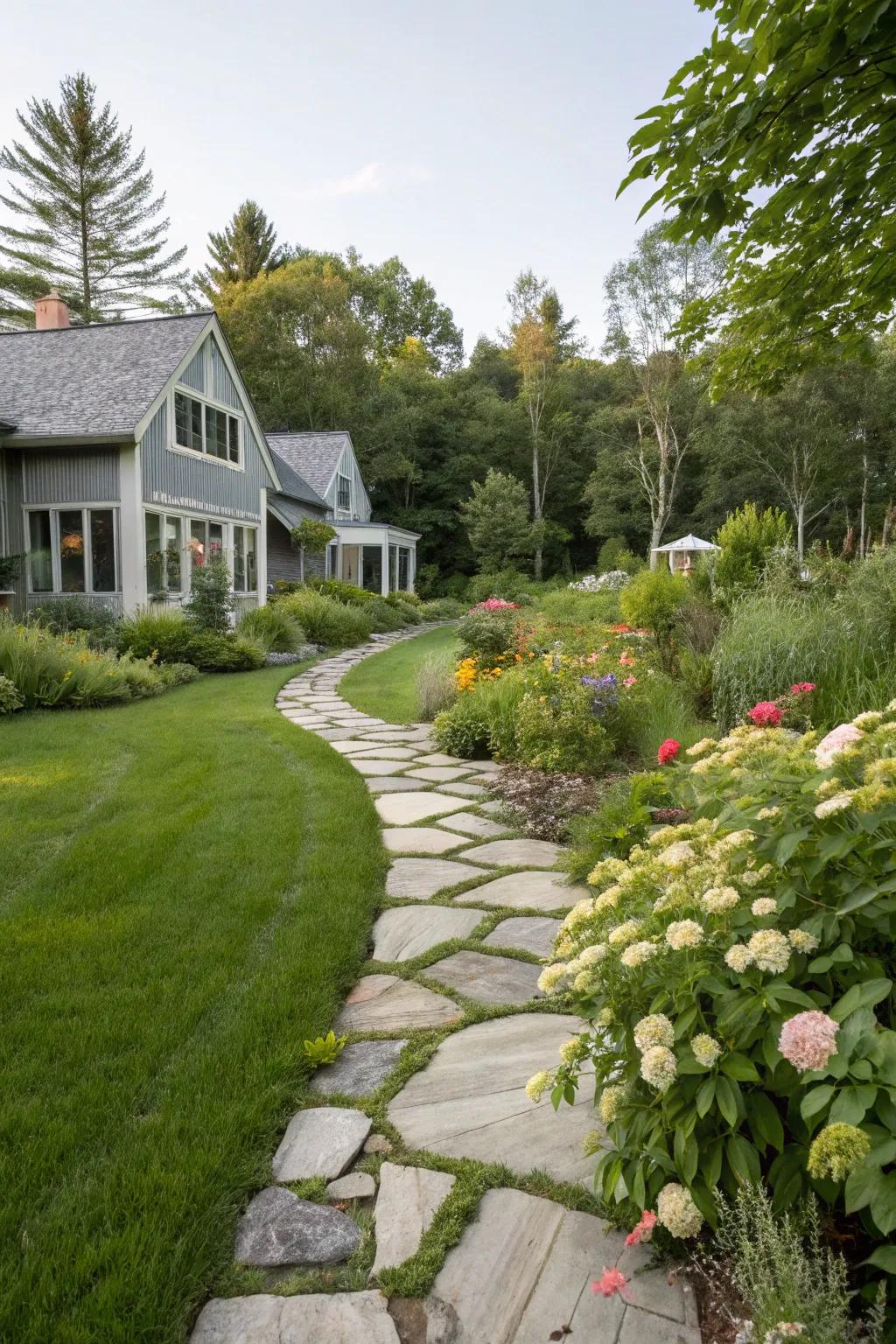 Natural stone pathways enhance the rustic charm of a modern farmhouse garden.