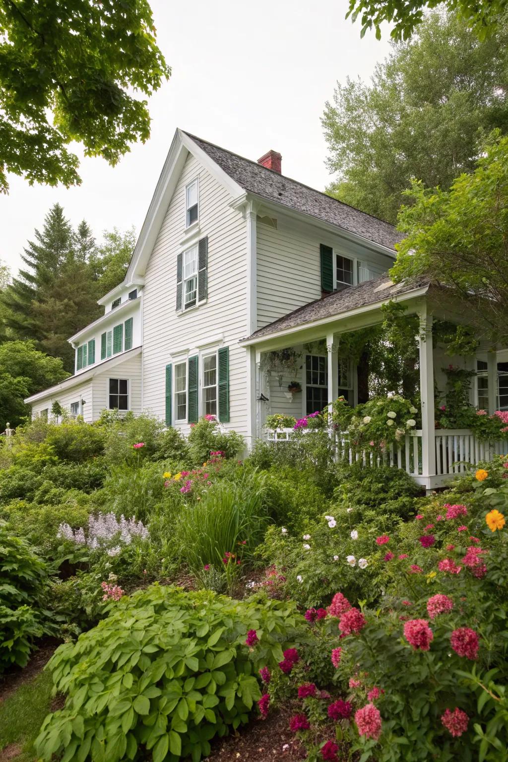 Timeless elegance with classic white siding on a modern farmhouse.